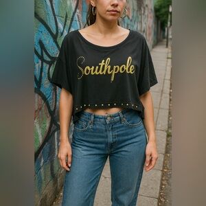 Southpole Black Gold Studded Dolman Top XL – Graphic Batwing Tee Bling Y2K